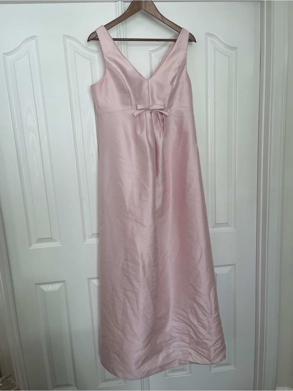 ALFRED SUNG Light Pink Satin Maxi Dress with Waist Bow